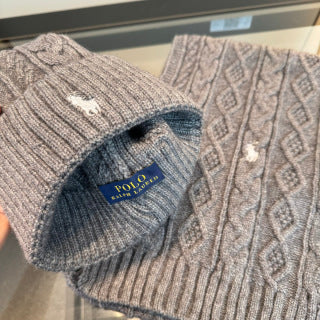 Ralph Lauren Hat Gray Cable-Knit Beanie and Scarf Set