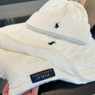 Ralph Lauren Hat Ivory Pony Cable Beanie Scarf Set
