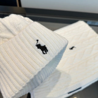 Ralph Lauren Hat Ivory Pony Cable Beanie Scarf Set