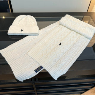 Ralph Lauren Hat Ivory Pony Cable Beanie Scarf Set