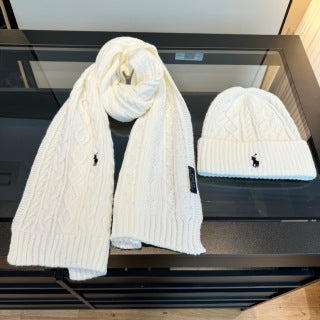 Ralph Lauren Hat Ivory Pony Cable Beanie Scarf Set