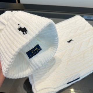 Ralph Lauren Hat Ivory Pony Cable Beanie Scarf Set