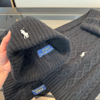 Ralph Lauren Hat Black Cable Knit Beanie and Scarf Set