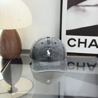 Ralph Lauren Hat Washed Charcoal Gray Baseball Cap with White Pony Embroidery