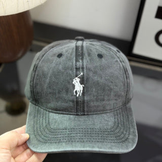 Ralph Lauren Hat Washed Charcoal Gray Baseball Cap with White Pony Embroidery