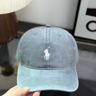 Ralph Lauren Hat Washed Light Gray Baseball Cap with White Pony Embroidery