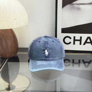 Ralph Lauren Hat Faded Denim Blue Baseball Cap with White Pony Embroidery