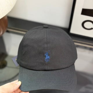 Ralph Lauren Hat Charcoal Black Baseball Cap with Blue Pony Embroidery and POLO Buckle Back