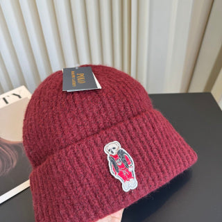 Ralph Lauren Hat Deep Burgundy Ribbed Knit Beanie with Front Polo Bear Patch