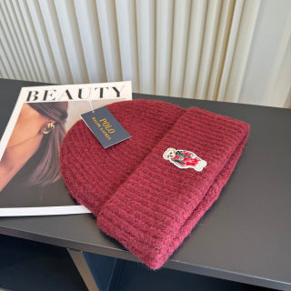 Ralph Lauren Hat Deep Burgundy Ribbed Knit Beanie with Front Polo Bear Patch