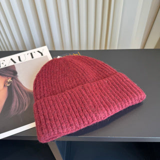 Ralph Lauren Hat Deep Burgundy Ribbed Knit Beanie with Front Polo Bear Patch