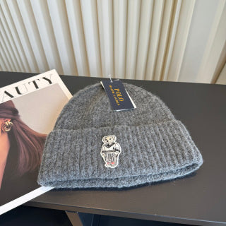 Ralph Lauren Hat Charcoal Ribbed Knit Beanie with Monochrome Polo Bear Patch