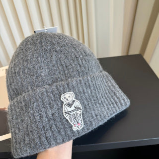 Ralph Lauren Hat Charcoal Ribbed Knit Beanie with Monochrome Polo Bear Patch