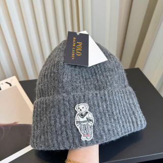 Ralph Lauren Hat Charcoal Ribbed Knit Beanie with Monochrome Polo Bear Patch