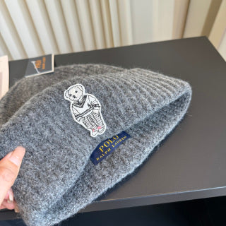 Ralph Lauren Hat Charcoal Ribbed Knit Beanie with Monochrome Polo Bear Patch