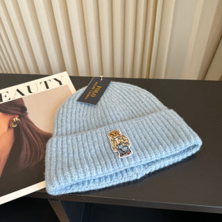 Ralph Lauren Hat Light Blue Ribbed Knit Beanie with Front Polo Bear Patch