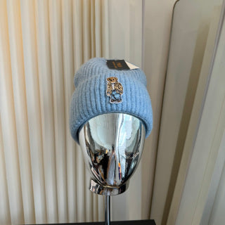 Ralph Lauren Hat Light Blue Ribbed Knit Beanie with Front Polo Bear Patch