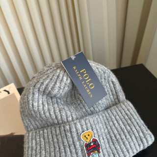 Ralph Lauren Hat Heather Gray Ribbed Knit Beanie with Polo Bear Front Patch