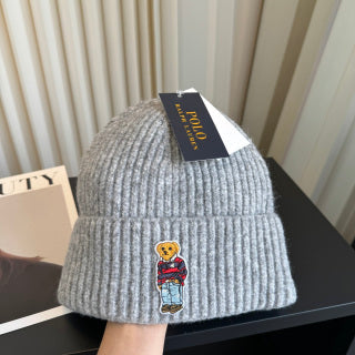 Ralph Lauren Hat Heather Gray Ribbed Knit Beanie with Polo Bear Front Patch