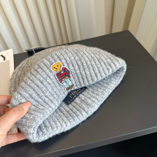 Ralph Lauren Hat Heather Gray Ribbed Knit Beanie with Polo Bear Front Patch