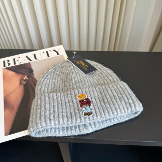 Ralph Lauren Hat Heather Gray Ribbed Knit Beanie with Polo Bear Front Patch