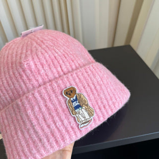 Ralph Lauren Hat Soft Pink Ribbed Knit Beanie with Front Polo Bear Patch