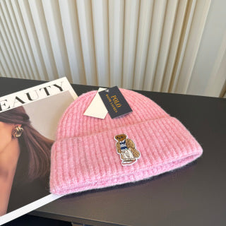 Ralph Lauren Hat Soft Pink Ribbed Knit Beanie with Front Polo Bear Patch