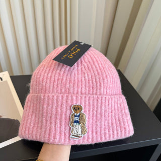 Ralph Lauren Hat Soft Pink Ribbed Knit Beanie with Front Polo Bear Patch