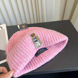 Ralph Lauren Hat Soft Pink Ribbed Knit Beanie with Front Polo Bear Patch