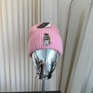 Ralph Lauren Hat Soft Pink Ribbed Knit Beanie with Front Polo Bear Patch