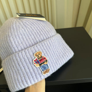 Ralph Lauren Hat Pale Lilac Ribbed Knit Beanie with Front Polo Bear Patch