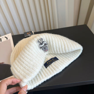 Ralph Lauren Hat Ivory Ribbed Knit Beanie with Front Polo Bear Patch