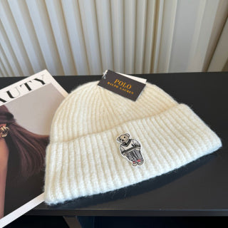 Ralph Lauren Hat Ivory Ribbed Knit Beanie with Front Polo Bear Patch