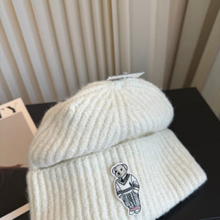 Ralph Lauren Hat Ivory Ribbed Knit Beanie with Front Polo Bear Patch