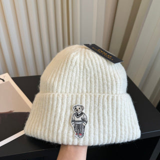 Ralph Lauren Hat Ivory Ribbed Knit Beanie with Front Polo Bear Patch