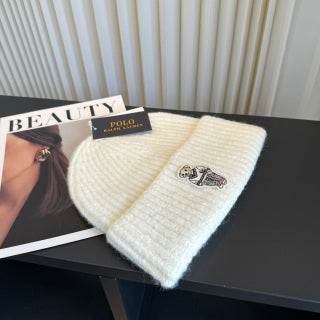 Ralph Lauren Hat Ivory Ribbed Knit Beanie with Front Polo Bear Patch