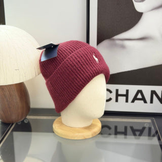 Ralph Lauren Hat Burgundy Ribbed Knit Beanie with White Pony Logo
