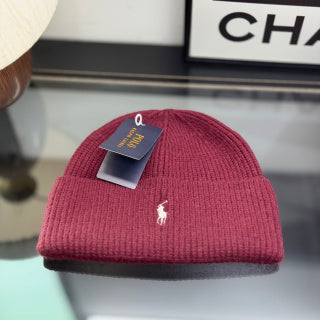 Ralph Lauren Hat Burgundy Ribbed Knit Beanie with White Pony Logo