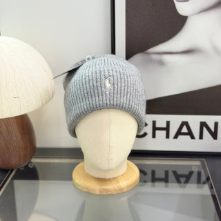 Ralph Lauren Hat Heather Gray Fold-Cuff White Pony Ribbed Beanie