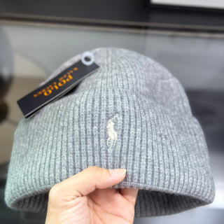 Ralph Lauren Hat Heather Gray Fold-Cuff White Pony Ribbed Beanie