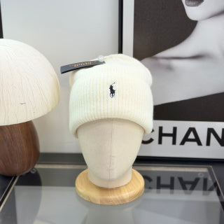 Ralph Lauren Hat Cream Fold-Cuff Black Pony Ribbed Beanie