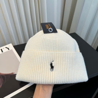 Ralph Lauren Hat Ivory Ribbed-Knit Black Pony Beanie