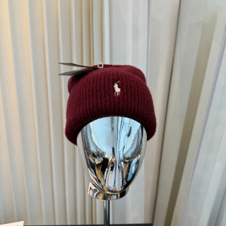 Ralph Lauren Hat Burgundy Ribbed-Knit White Pony Beanie
