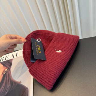 Ralph Lauren Hat Burgundy Ribbed-Knit White Pony Beanie