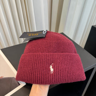 Ralph Lauren Hat Burgundy Ribbed-Knit White Pony Beanie