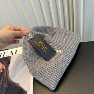 Ralph Lauren Hat Gray Ribbed-Knit White Pony Beanie