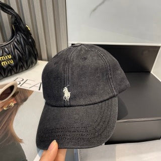 Ralph Lauren Hat Washed Black White Pony Contrast Stitch Cap
