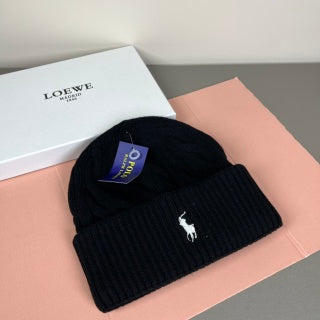 Ralph Lauren Hat Black Cable Knit White Pony Beanie