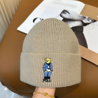 Ralph Lauren Hat Oatmeal Polo Bear Ribbed Knit Beanie
