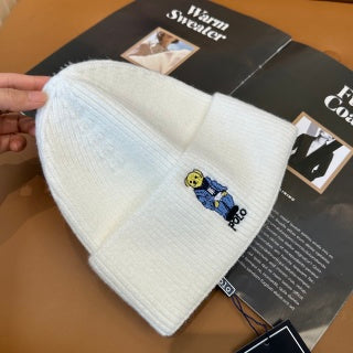 Ralph Lauren Hat Ivory Polo Bear Ribbed Knit Beanie